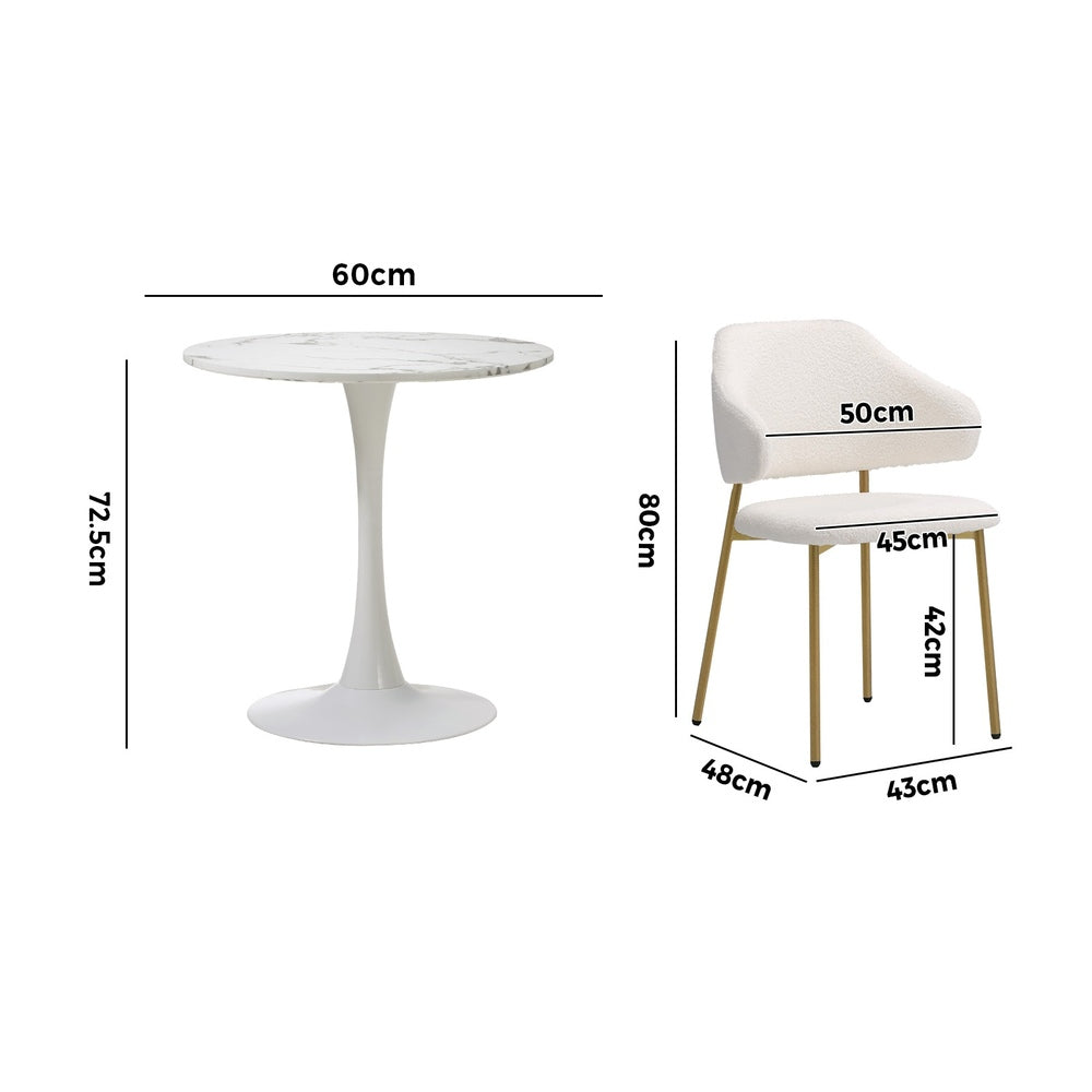 Oikiture 60cm Round Dining Table with 2x Dining Chairs Sherpa Gold&White