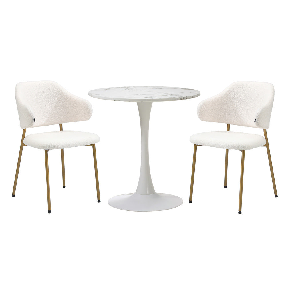 Oikiture 60cm Round Dining Table with 2x Dining Chairs Sherpa Gold&White