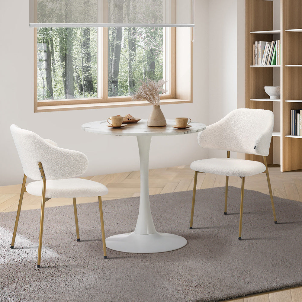 Oikiture 60cm Round Dining Table with 2x Dining Chairs Sherpa Gold&White
