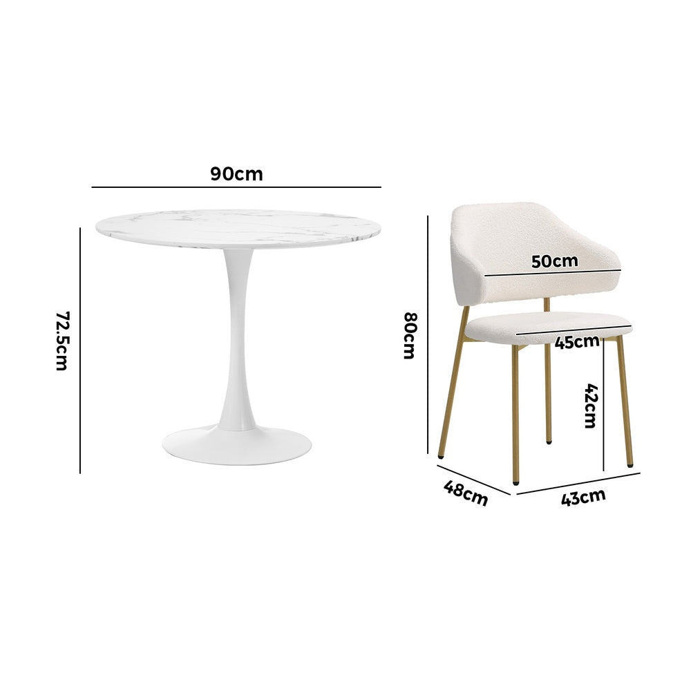 Oikiture 90cm Round Dining Table with 4x Dining Chairs Sherpa Gold&White