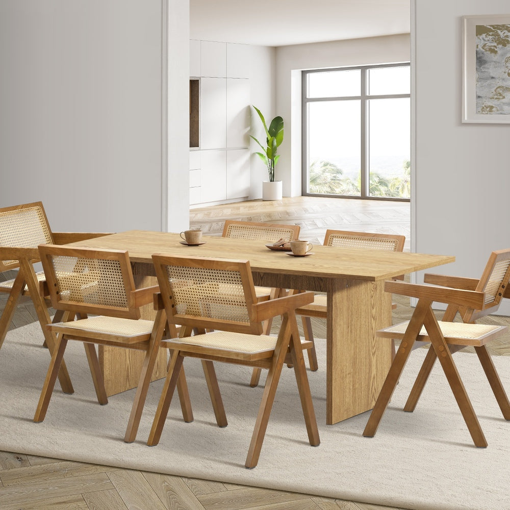 Oikiture 180cm Rectangular Dining Table with 6PCS Dining Chairs Wooden Walnut