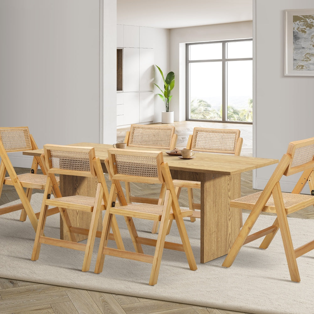 Oikiture 180cm Rectangular Dining Table with 6PCS Dining Chairs Foldable Natural