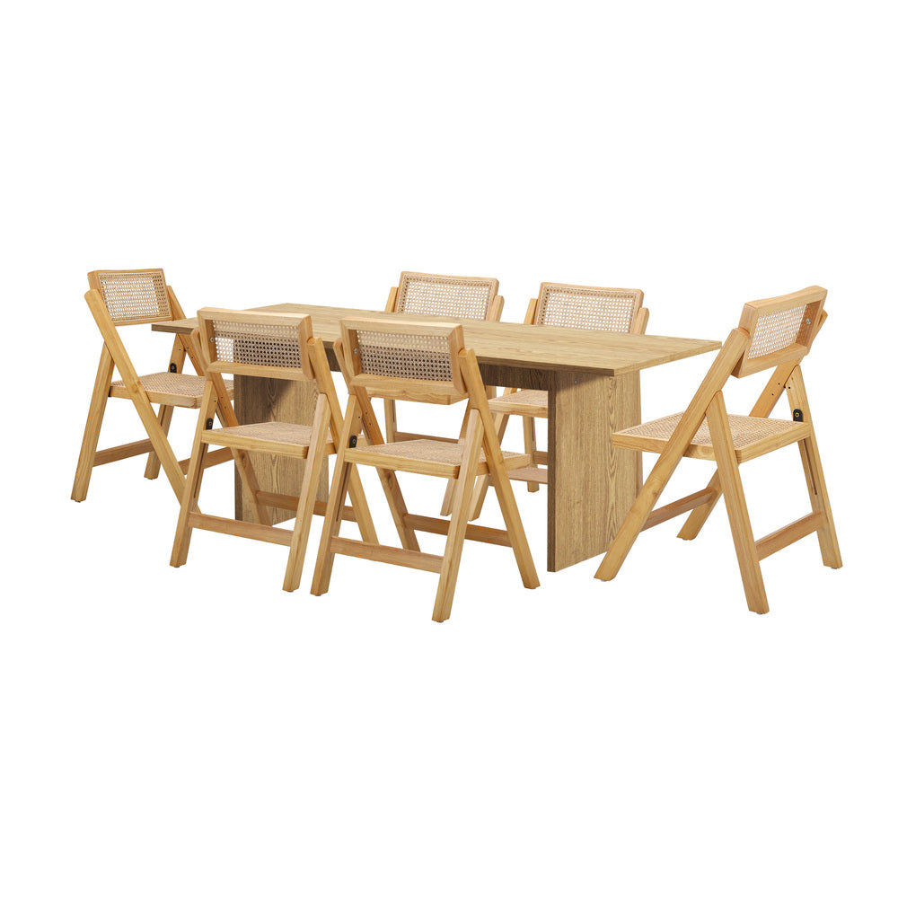 Oikiture 180cm Rectangular Dining Table with 6PCS Dining Chairs Foldable Natural