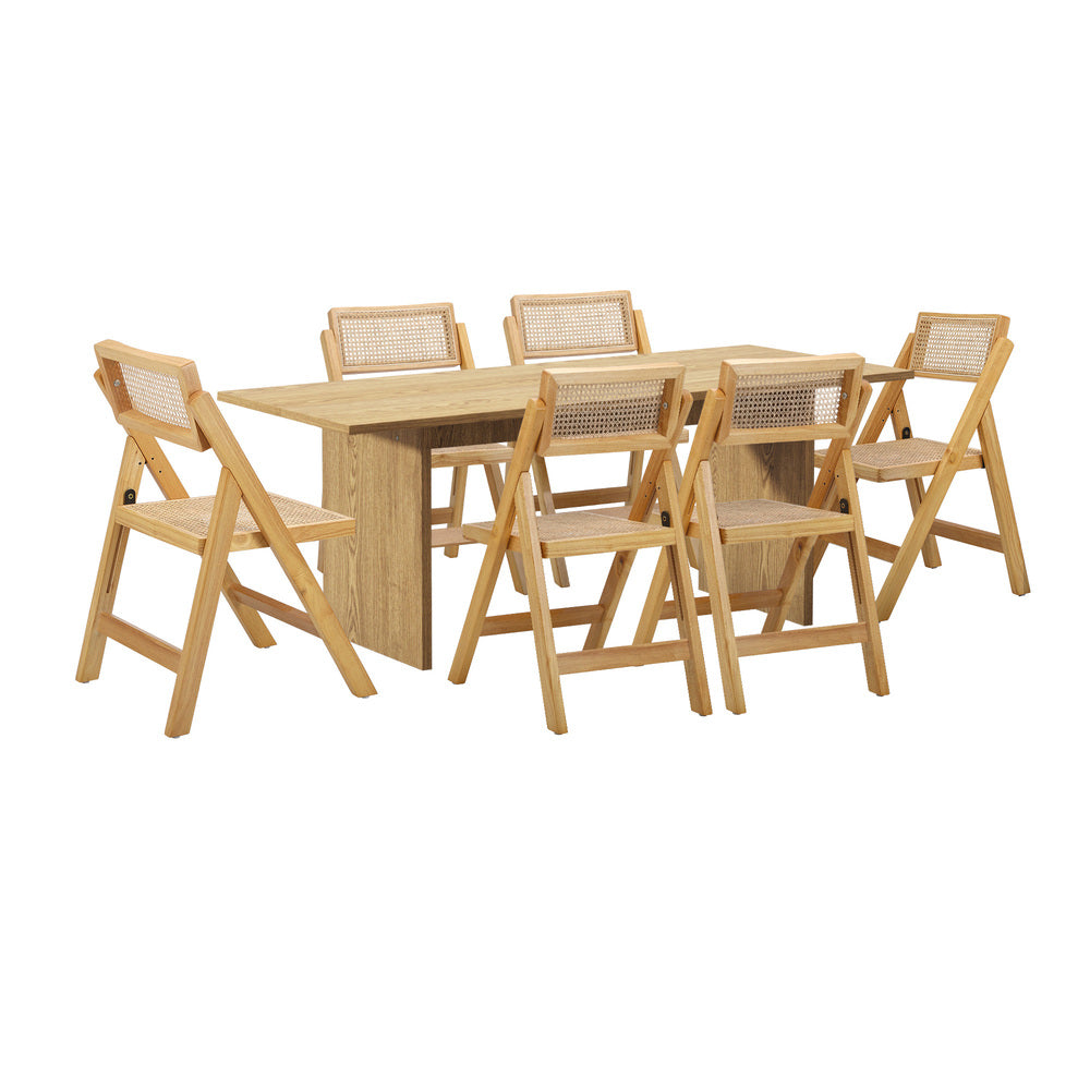 Oikiture 180cm Rectangular Dining Table with 6PCS Dining Chairs Foldable Natural