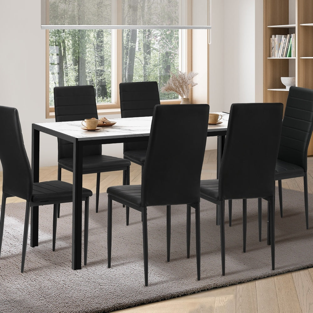 Oikiture 140cm Rectangle Dining Table with 6PCS Dining Chairs Marble White&Black