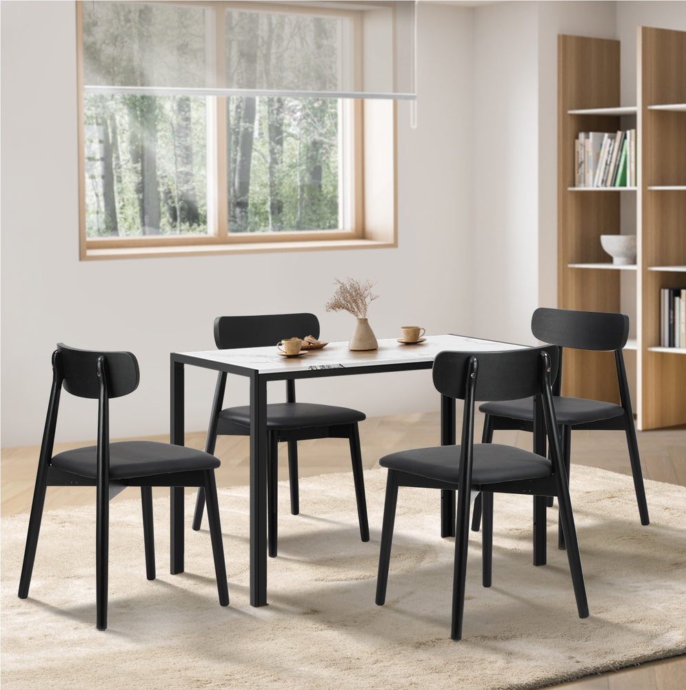 Oikiture 1.2m Dining Table with 4PCS Wooden Chairs Set PU Leather White & Black