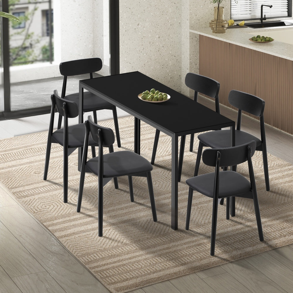 Oikiture 1.4m Dining Table with 6PCS Wooden Chairs Set PU Leather Black