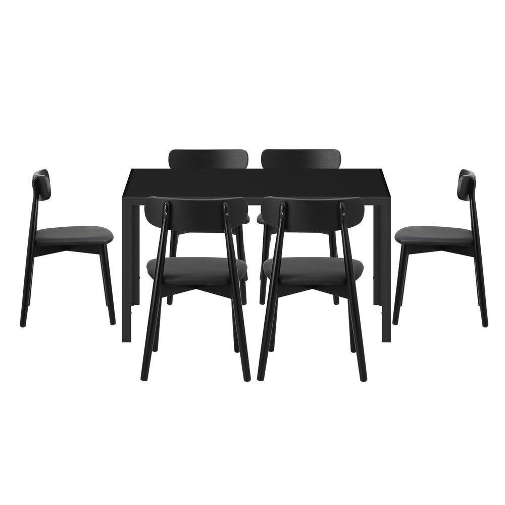 Oikiture 1.4m Dining Table with 6PCS Wooden Chairs Set PU Leather Black