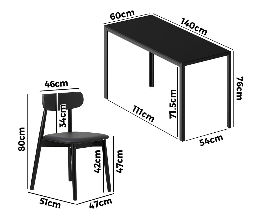 Oikiture 1.4m Dining Table with 6PCS Wooden Chairs Set PU Leather Black