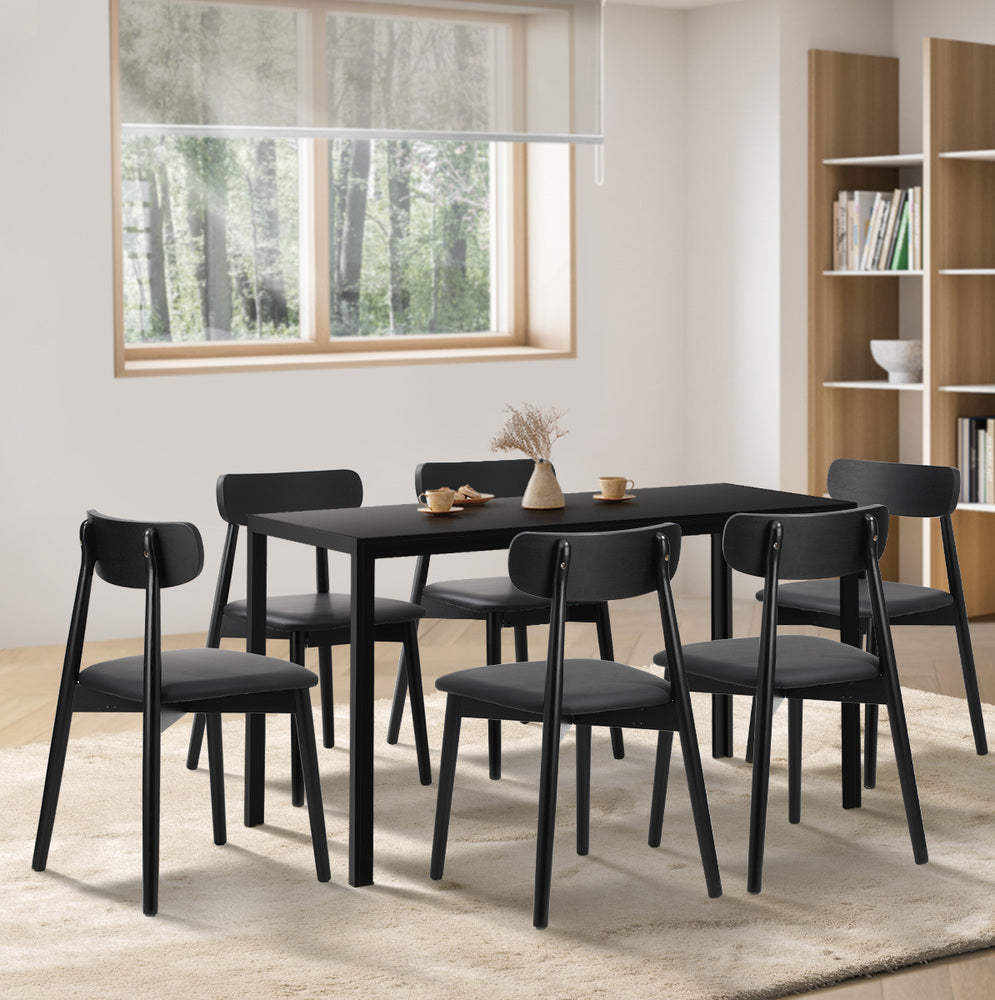 Oikiture 1.4m Dining Table with 6PCS Wooden Chairs Set PU Leather Black