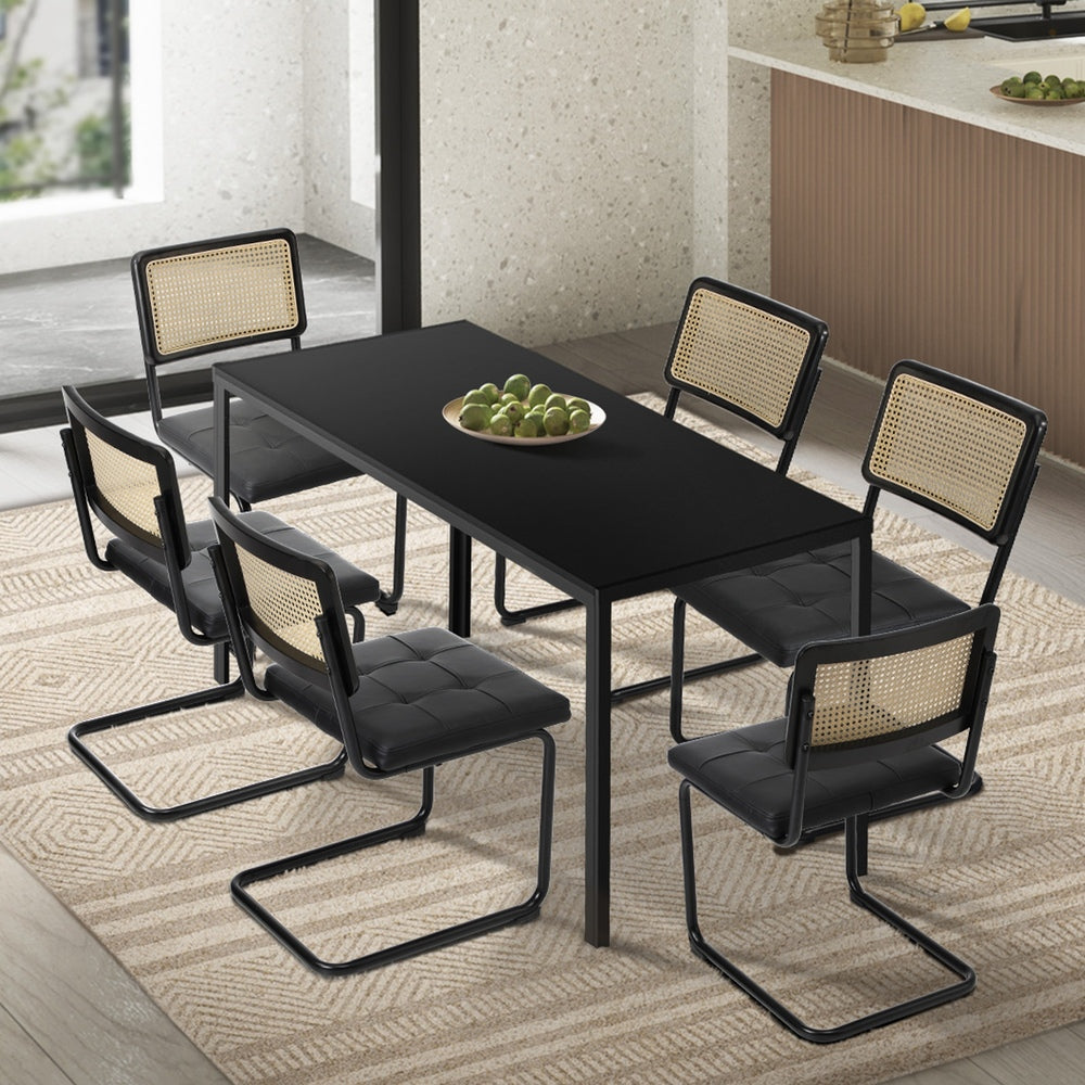 Oikiture 140cm Rectangle Dining Table with 6PCS Dining Chairs Leather Black