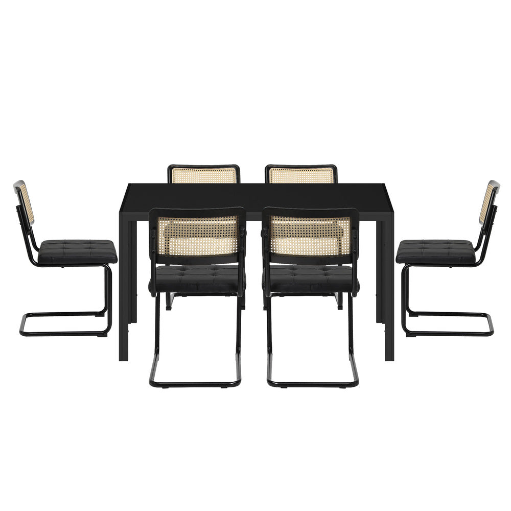 Oikiture 140cm Rectangle Dining Table with 6PCS Dining Chairs Leather Black