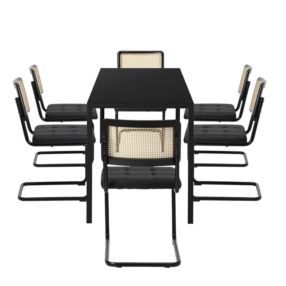 Oikiture 140cm Rectangle Dining Table with 6PCS Dining Chairs Leather Black