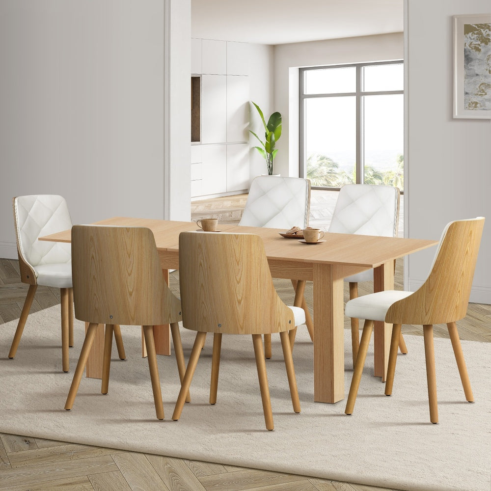 Oikiture 200cm Extendable Dining Table with 6PCS Dining Chairs PU Leather White