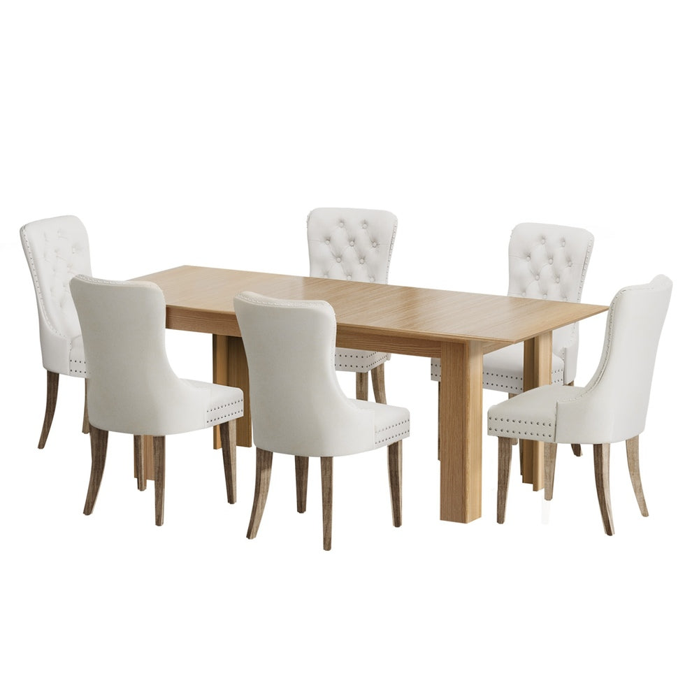 Oikiture 200cm Extendable Dining Table with 6PCS Dining Chairs Velvet Beige