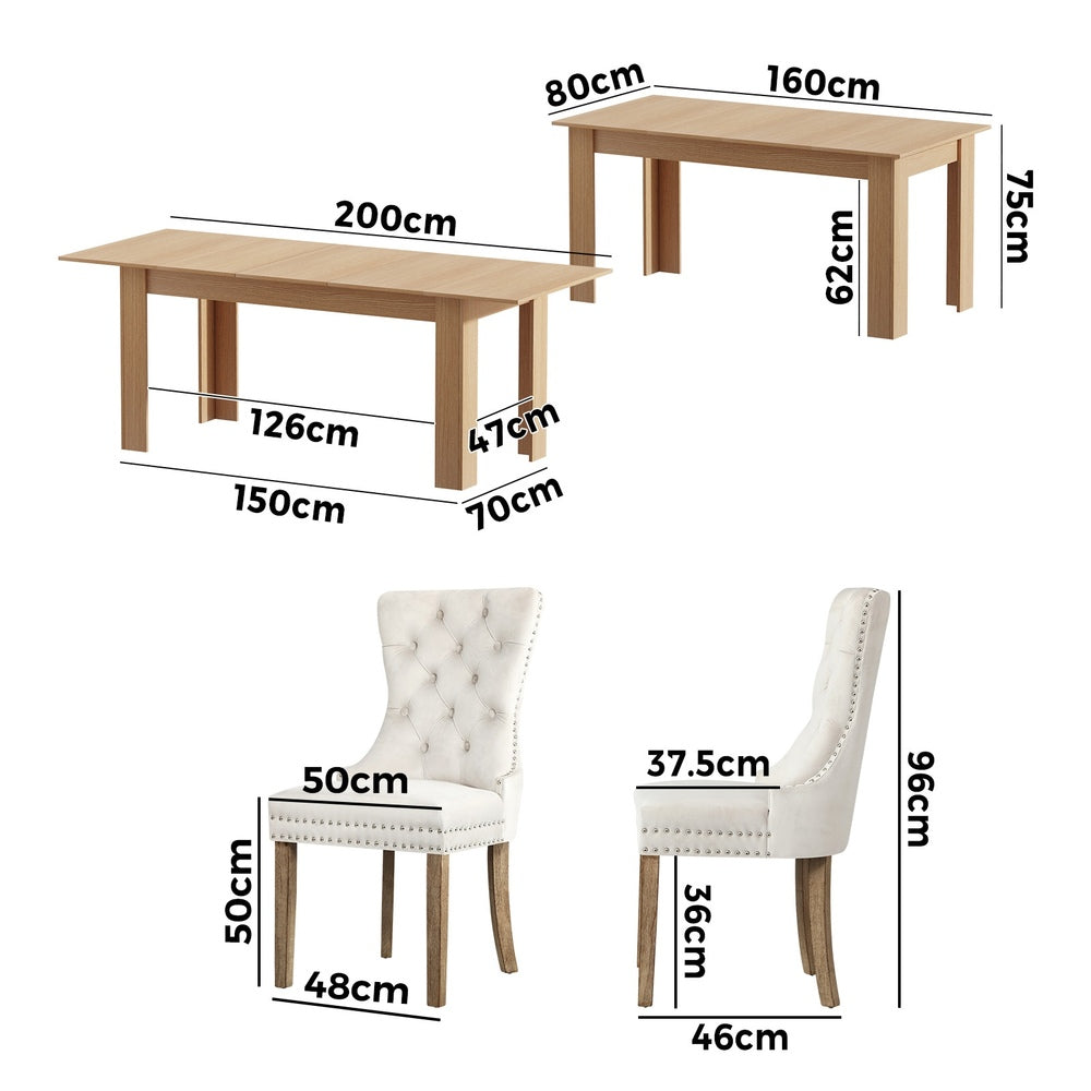 Oikiture 200cm Extendable Dining Table with 6PCS Dining Chairs Velvet Beige
