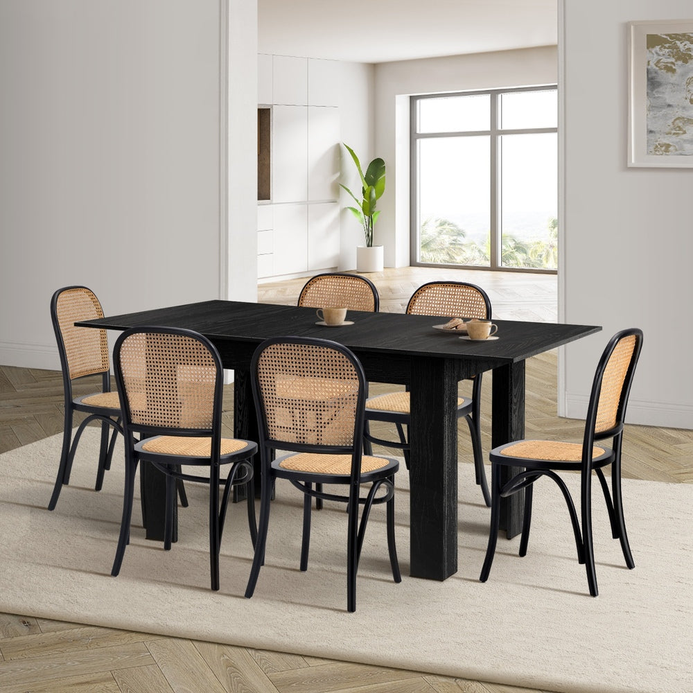 Oikiture 160cm Extendable Dining Table with 6PCS Dining Chairs Rattan Black