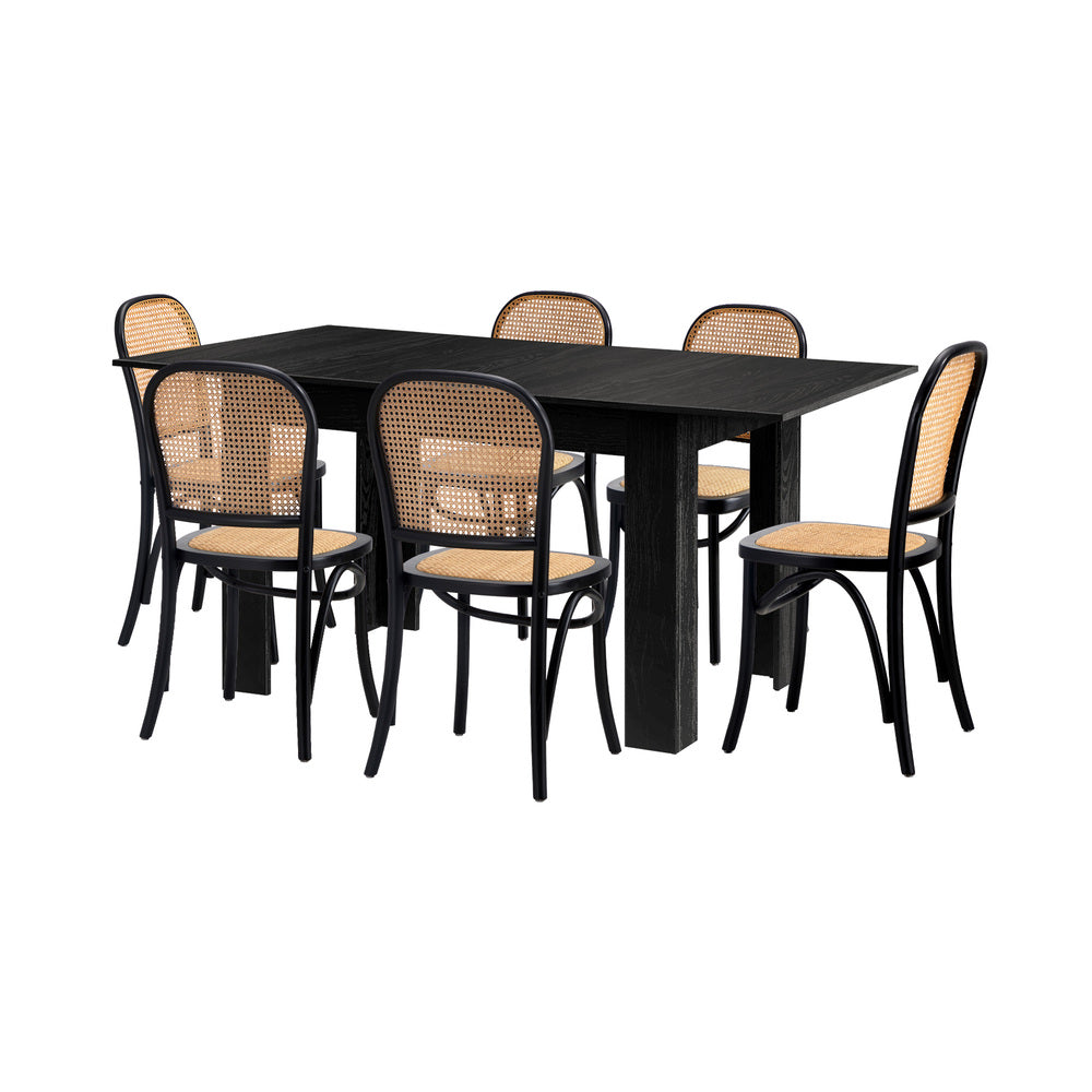 Oikiture 160cm Extendable Dining Table with 6PCS Dining Chairs Rattan Black