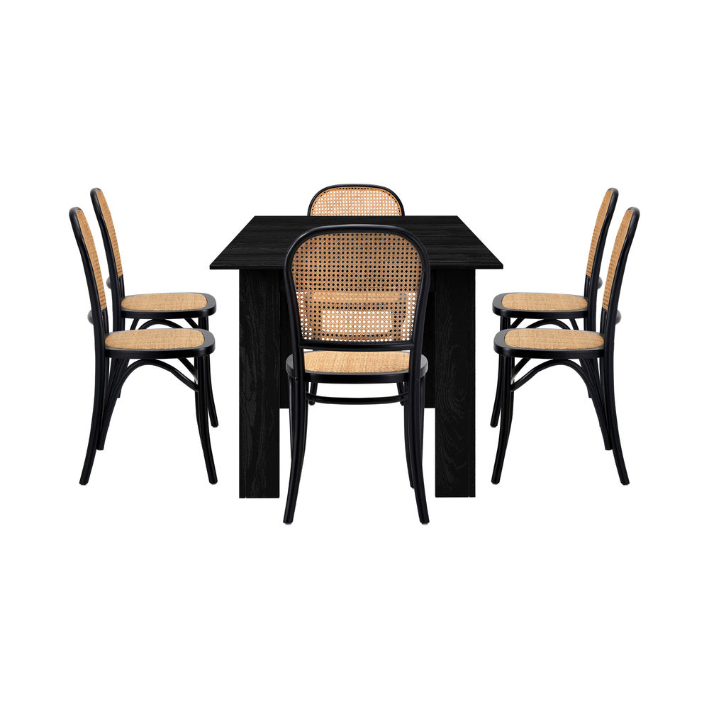 Oikiture 160cm Extendable Dining Table with 6PCS Dining Chairs Rattan Black