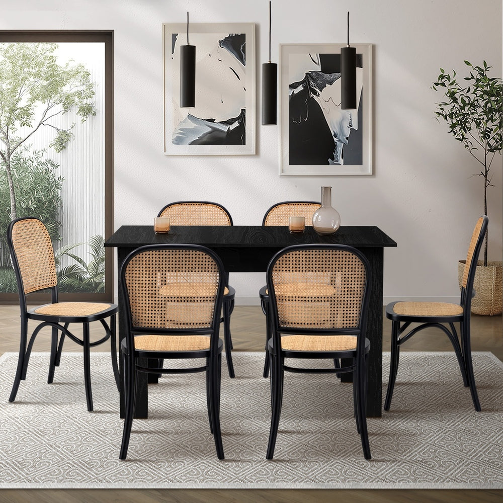 Oikiture 160cm Extendable Dining Table with 6PCS Dining Chairs Rattan Black