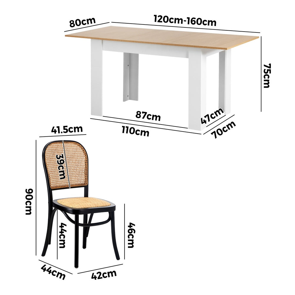 Oikiture 160cm Extendable Dining Table with 4PCS Chairs Rattan White