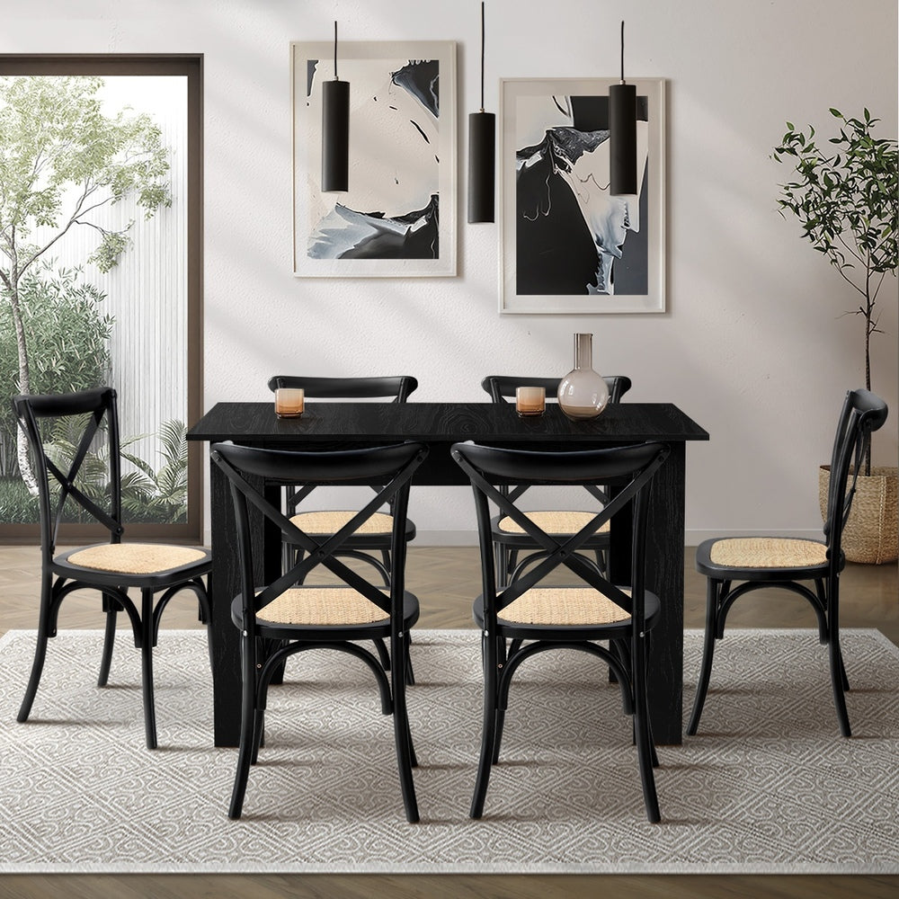 Oikiture 160cm Extendable Dining Table with 6PCS Dining Chairs Geometric Black