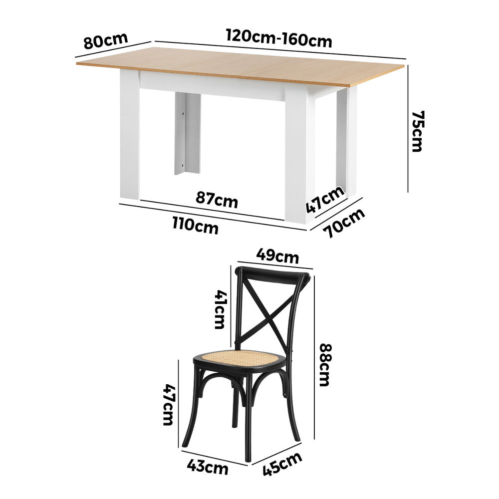 Oikiture 160cm Extendable Dining Table with 4PCS Chairs Crossback Black