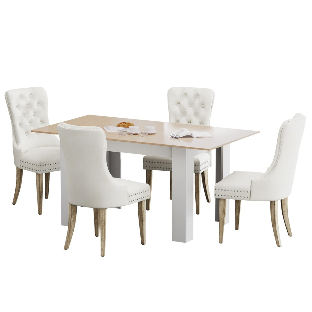 Oikiture 160cm Extendable Dining Table with 4PCS Chairs Velvet Beige