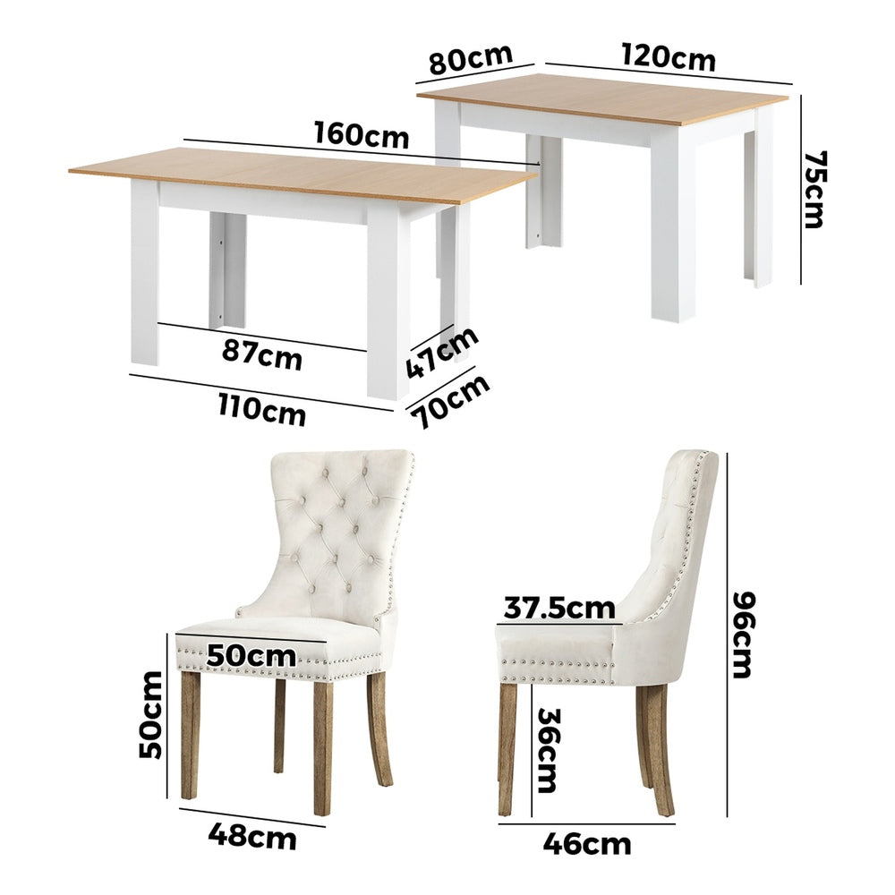 Oikiture 160cm Extendable Dining Table with 6PCS Chairs Velvet Beige