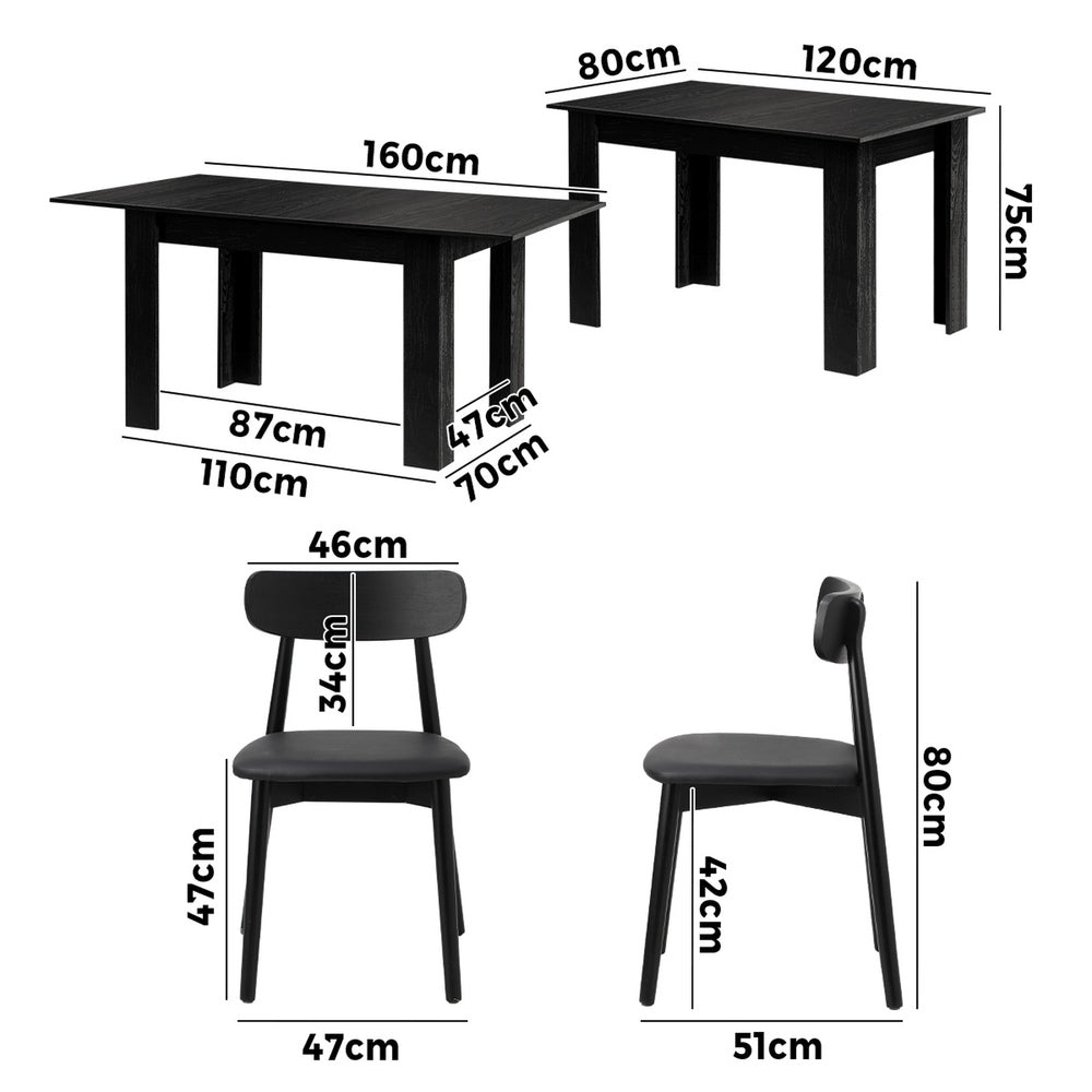 Oikiture 160cm Extendable Dining Table with 4x Dining Chairs PU Leather Black