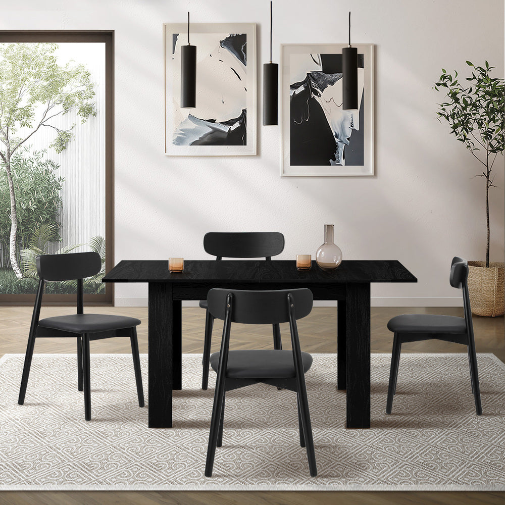 Oikiture 160cm Extendable Dining Table with 4x Dining Chairs PU Leather Black