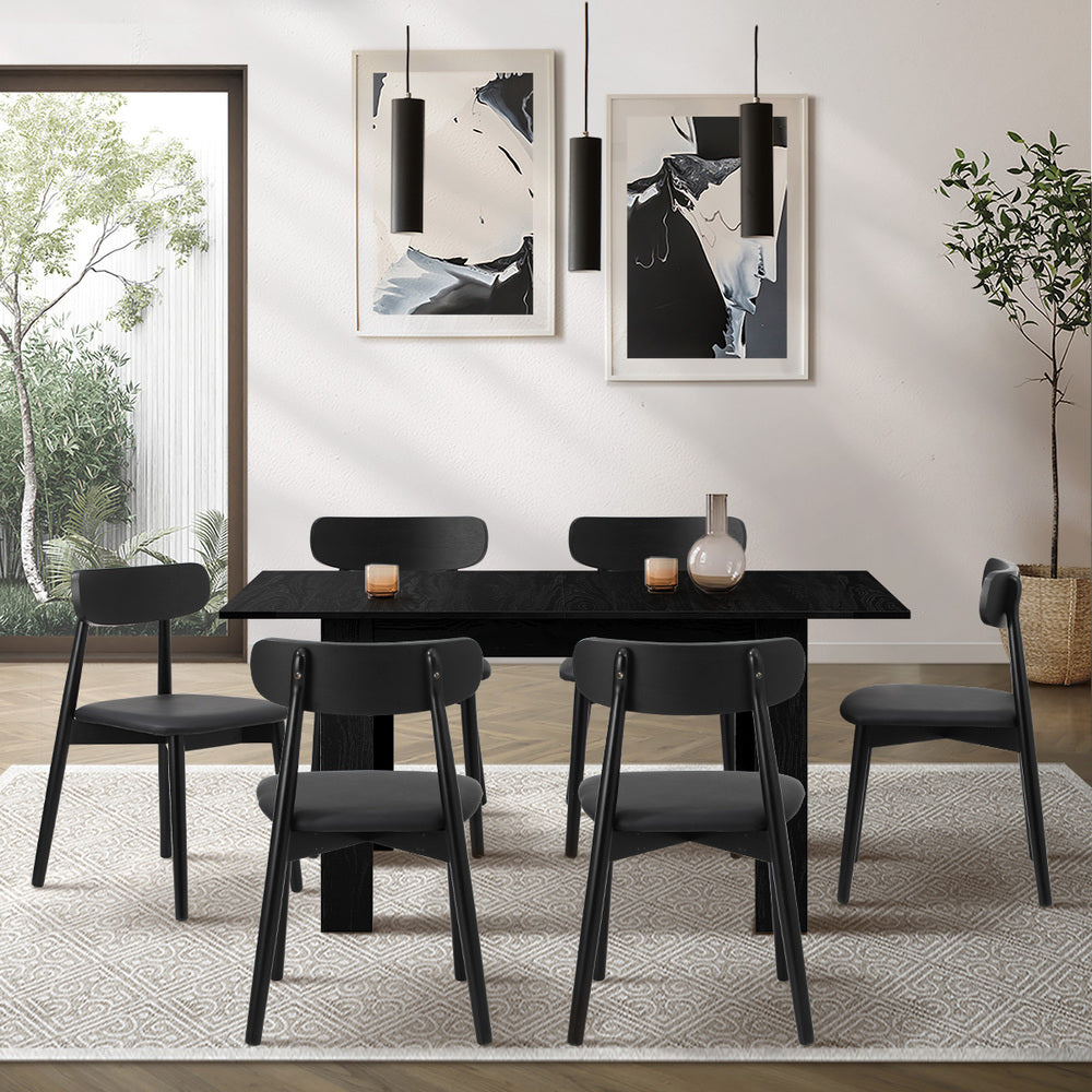 Oikiture 160cm Extendable Dining Table with 6x Dining Chairs PU Leather Black