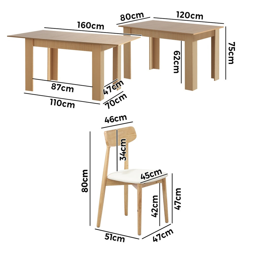 Oikiture 160cm Extendable Dining Table with 4x Dining Chairs PU Leather Natural