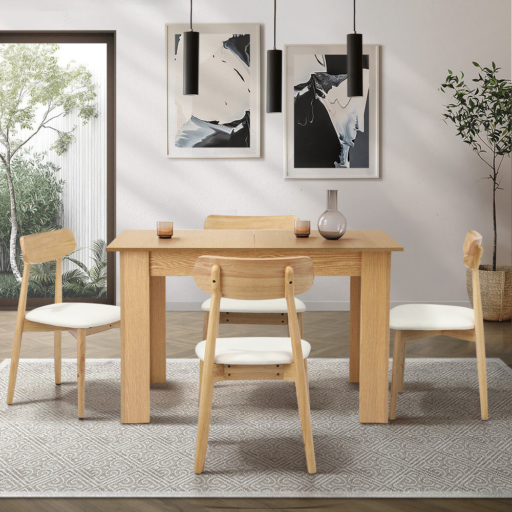 Oikiture 160cm Extendable Dining Table with 4x Dining Chairs PU Leather Natural
