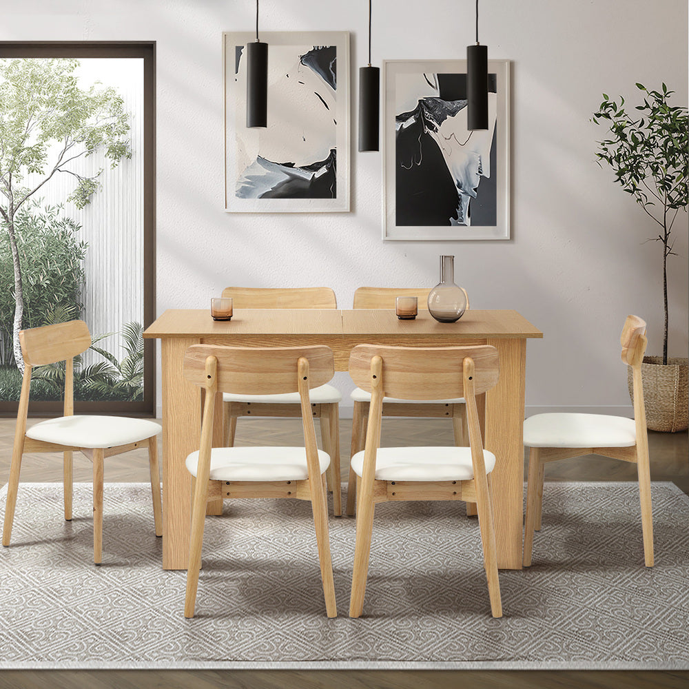 Oikiture 160cm Extendable Dining Table with 6x Dining Chairs PU Leather Natural