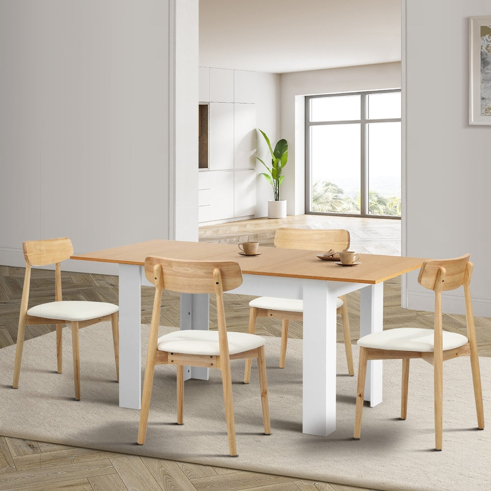 Oikiture 160cm Extendable Dining Table with 4x Dining Chairs PU Leather White