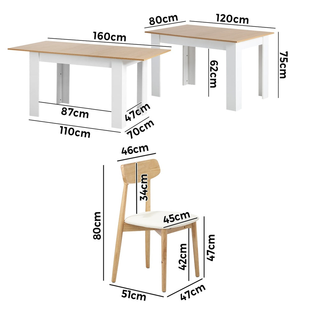 Oikiture 160cm Extendable Dining Table with 4x Dining Chairs PU Leather White