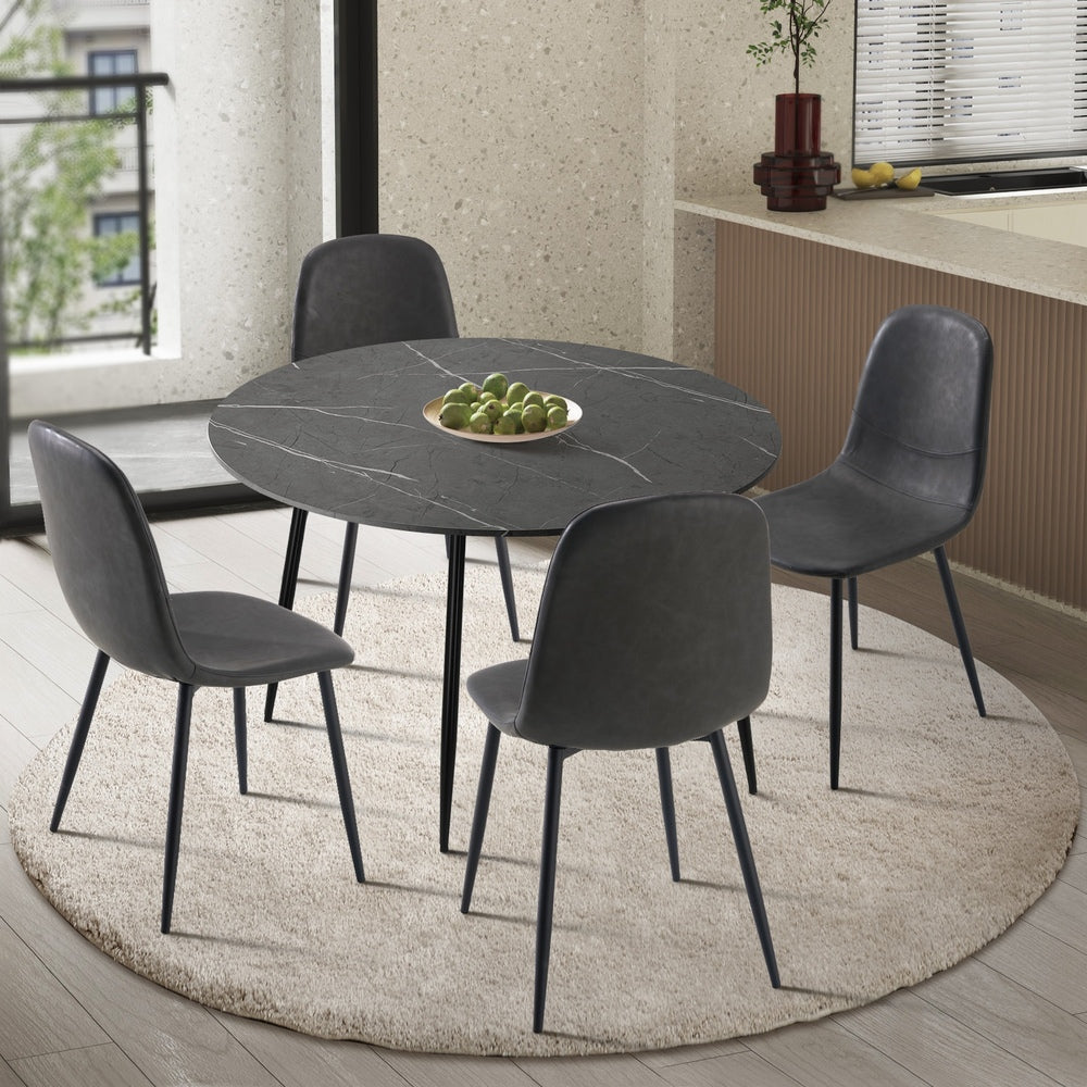 Oikiture 110cm Round Dining Table with 4PCS Dining Chairs PU Grey&Black