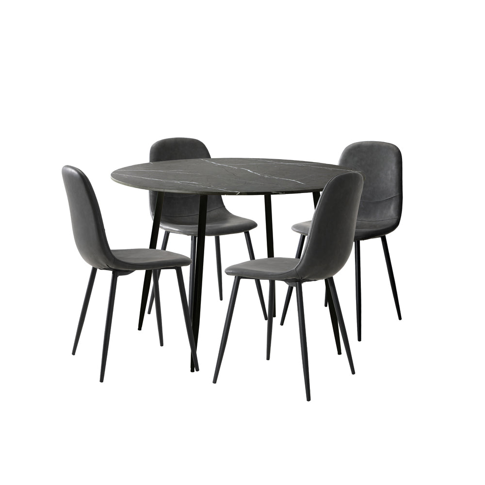 Oikiture 110cm Round Dining Table with 4PCS Dining Chairs PU Grey&Black