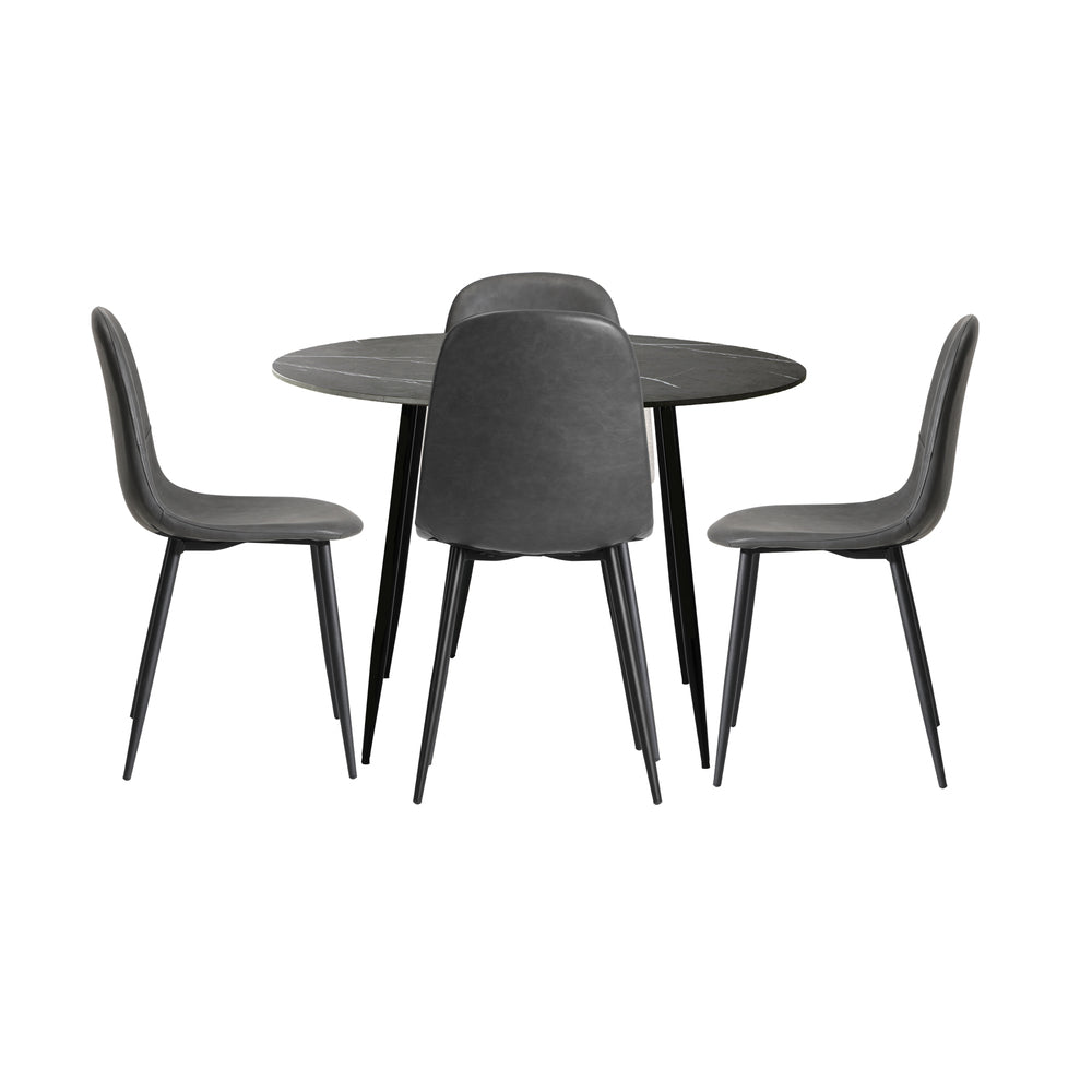 Oikiture 110cm Round Dining Table with 4PCS Dining Chairs PU Grey&Black