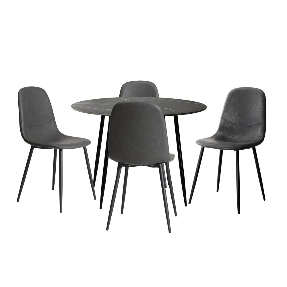 Oikiture 110cm Round Dining Table with 4PCS Dining Chairs PU Grey&Black