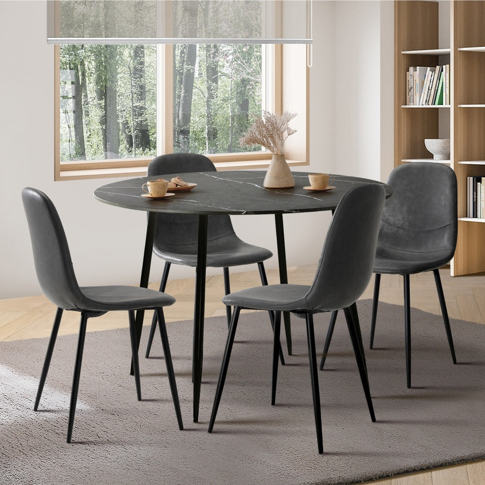 Oikiture 110cm Round Dining Table with 4PCS Dining Chairs PU Grey&Black
