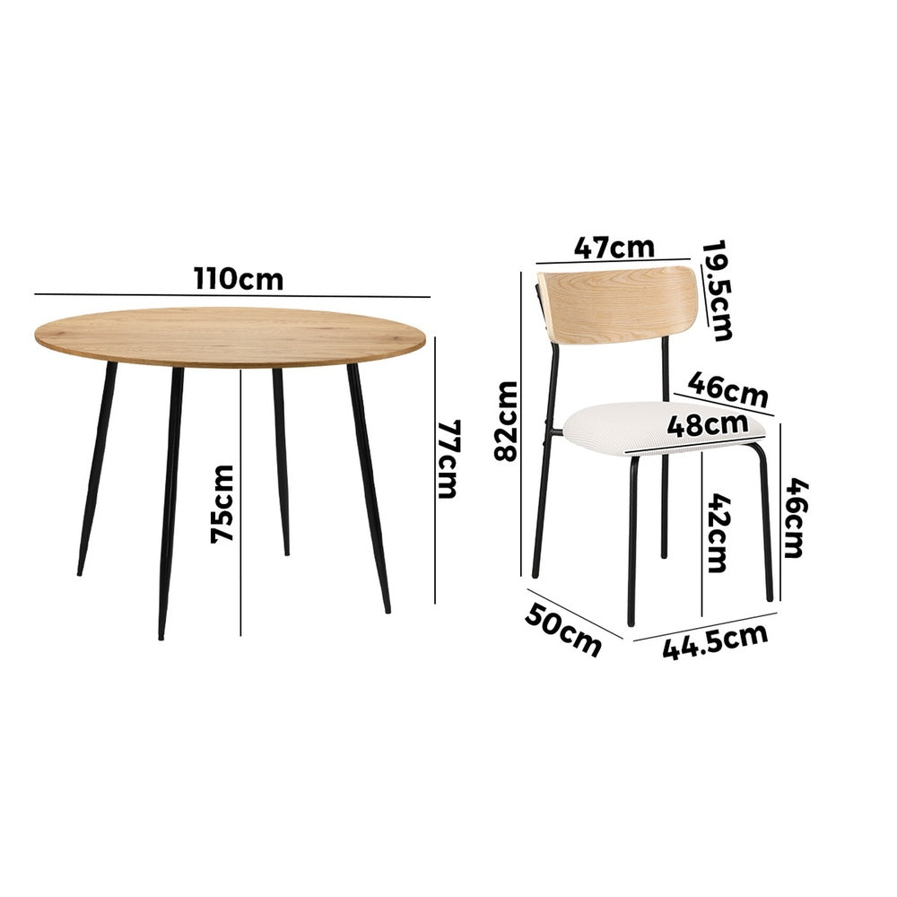 Oikiture 4-Seater Dining Set 1.1m Dining Table with Corduroy Chairs