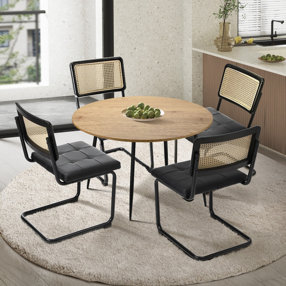 Oikiture 110cm Round Dining Table with 4PCS Dining Chairs Leather Black