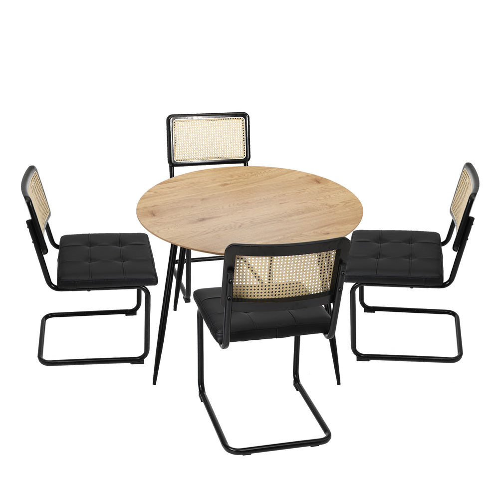 Oikiture 110cm Round Dining Table with 4PCS Dining Chairs Leather Black