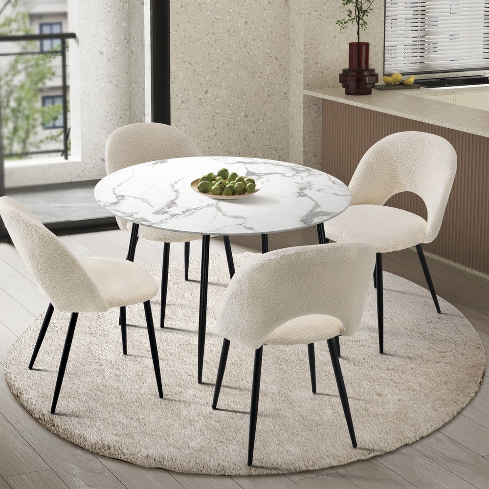 Oikiture Round Dining Table & 4PCS Dining Chairs Sherpa White