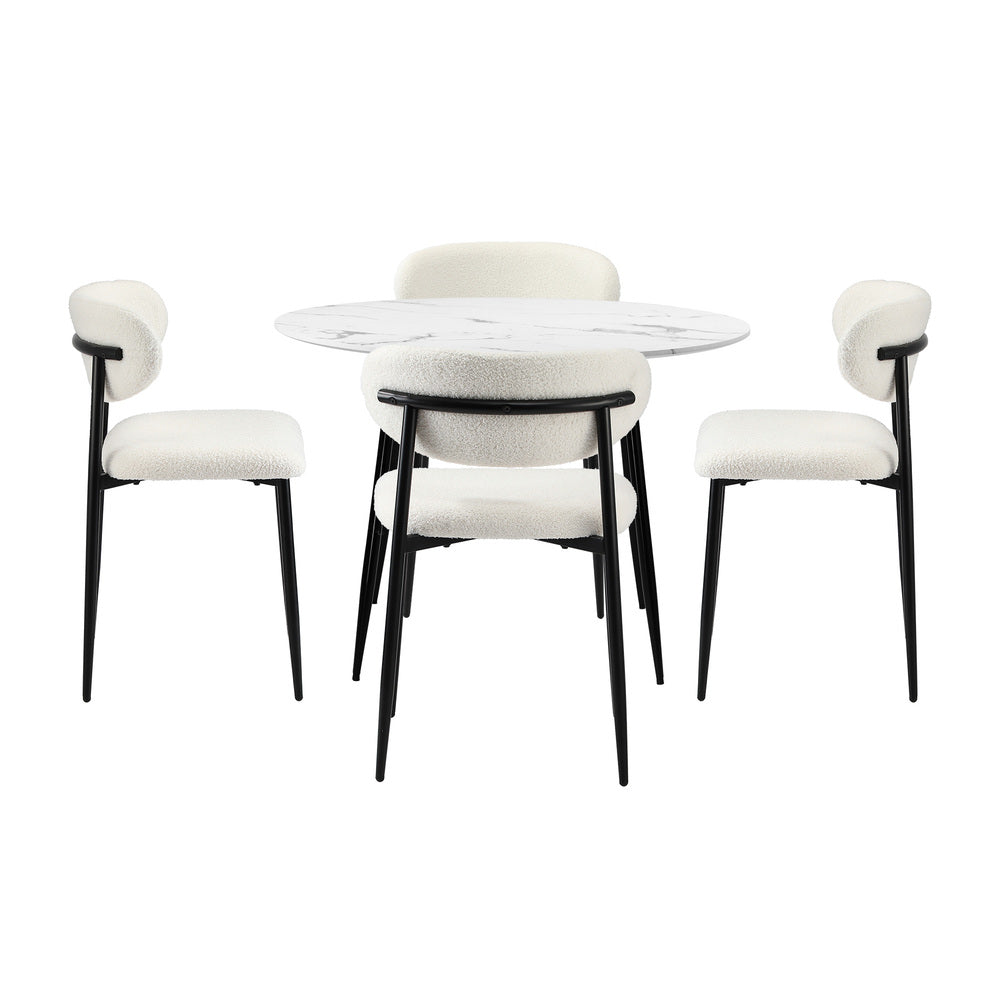 Oikiture 110cm Round Dining Table with 4x Dining Chairs Boucle Black&White