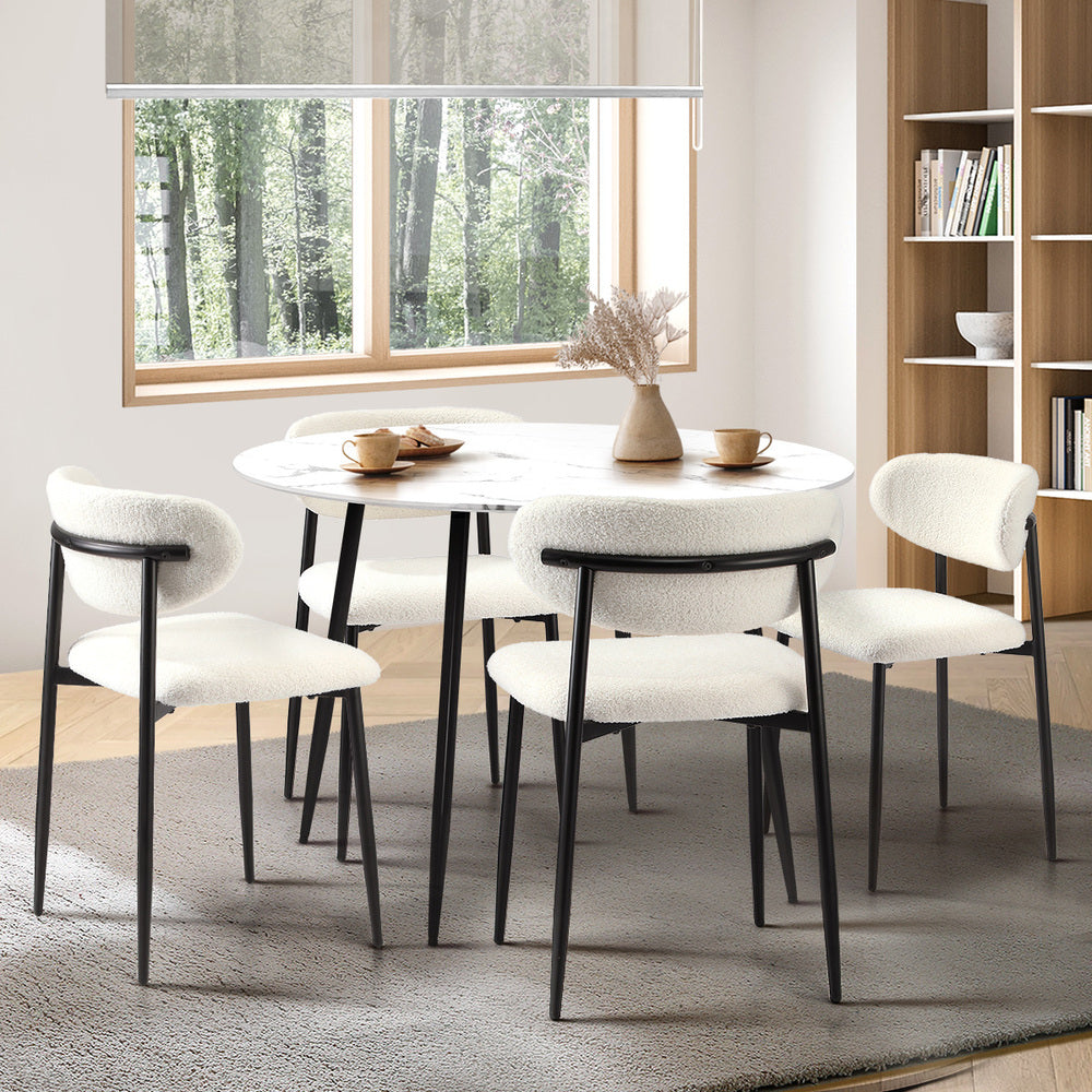 Oikiture 110cm Round Dining Table with 4x Dining Chairs Boucle Black&White