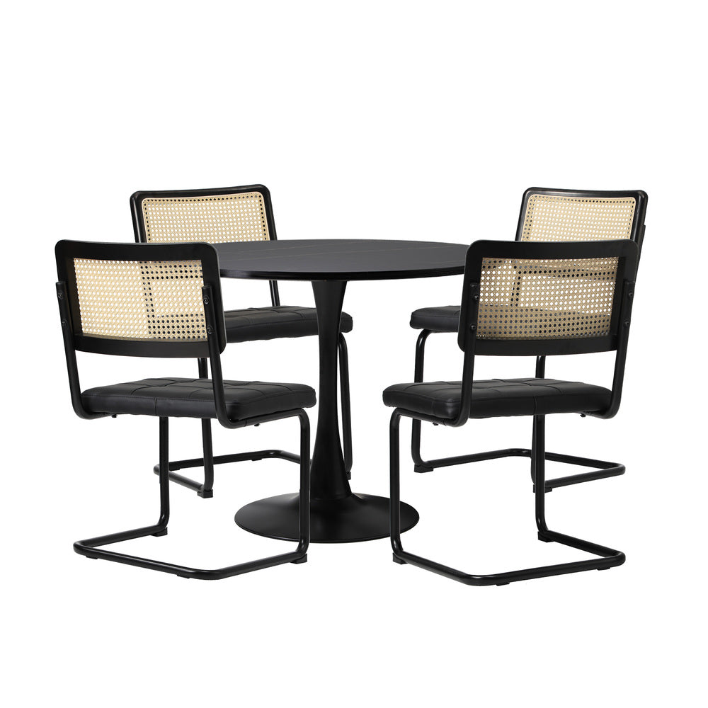 Oikiture 90cm Round Dining Table with 4PCS Dining Chairs PU Leather Black