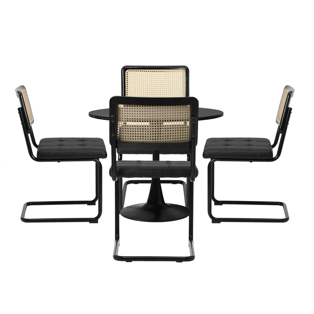 Oikiture 90cm Round Dining Table with 4PCS Dining Chairs PU Leather Black